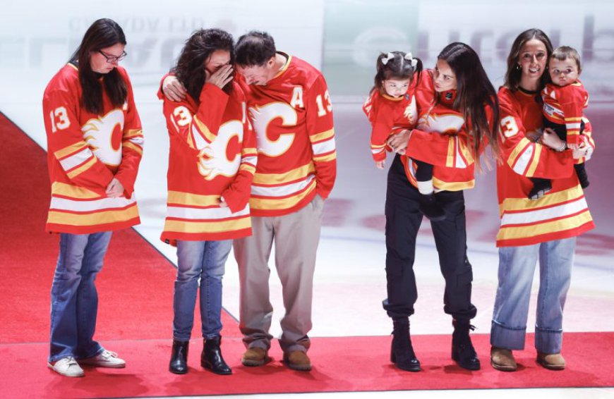 Flames honor Johnny Gaudreau, welcome his family back to Calgary in emotional pre-game tribute