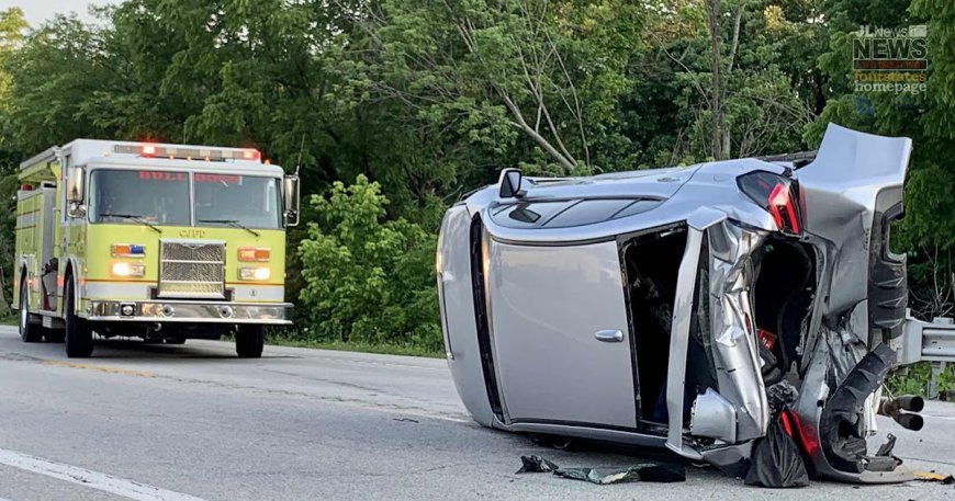 CHAIN-REACTION CRASH, THREE VEHICLES INVOLVED, ONE ON ITS SIDE